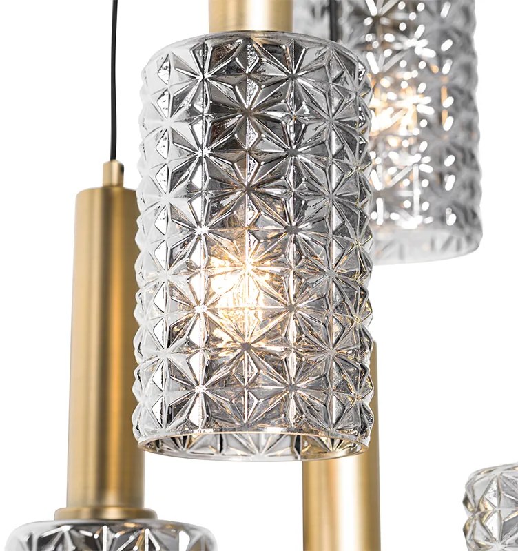 Candeeiro de suspensão dourado com vidro fumê redondo 5-luzes - Elva Art Deco