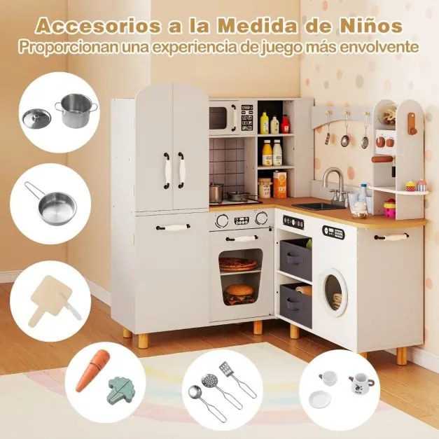 Cozinha de brincar de canto 96 × 91 × 105 cm em madeira com frigorífico de porta dupla, cafeteira, máquina de lavar roupa, 12 acessórios, luzes e sons