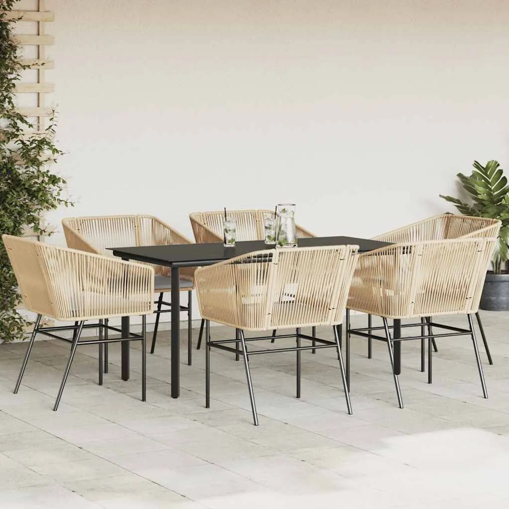 Conjunto jantar jardim 7 peças almofadas vidro vime PE castanho