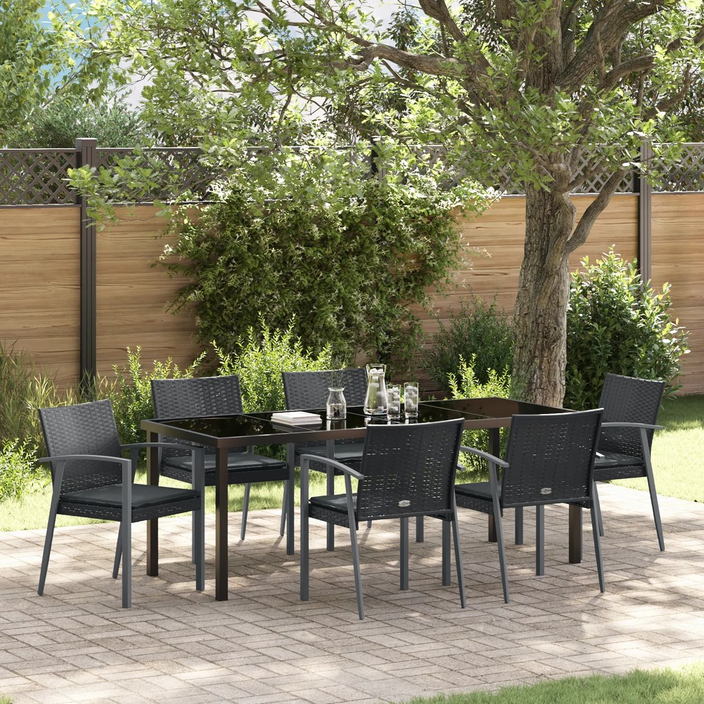 vidaXL Conjunto de Jantar de Jardim com 7 Peças e Almofadas em Rattan Preto