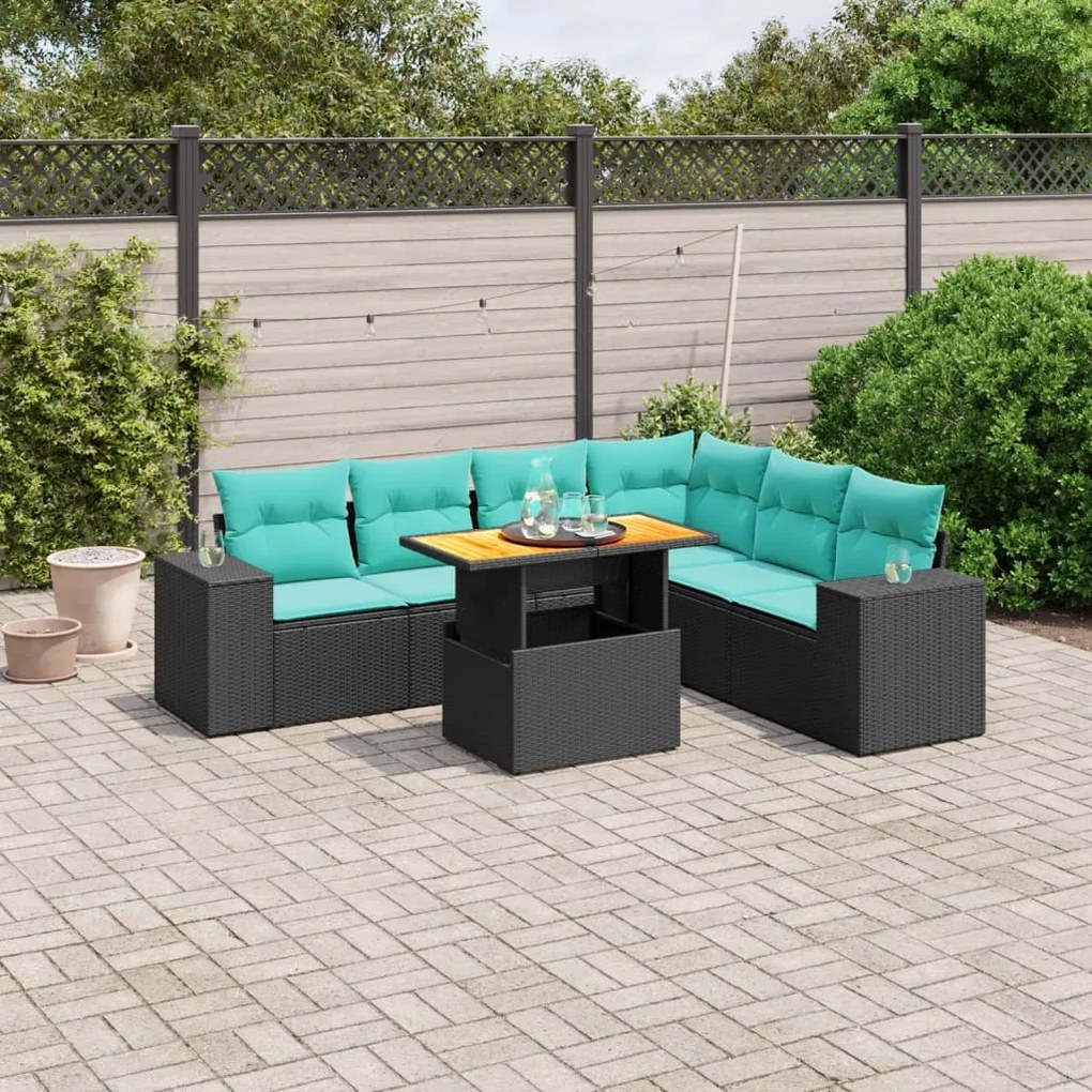 vidaXL 7 pcs conjunto de sofás p/ jardim c/ almofadões vime PE preto