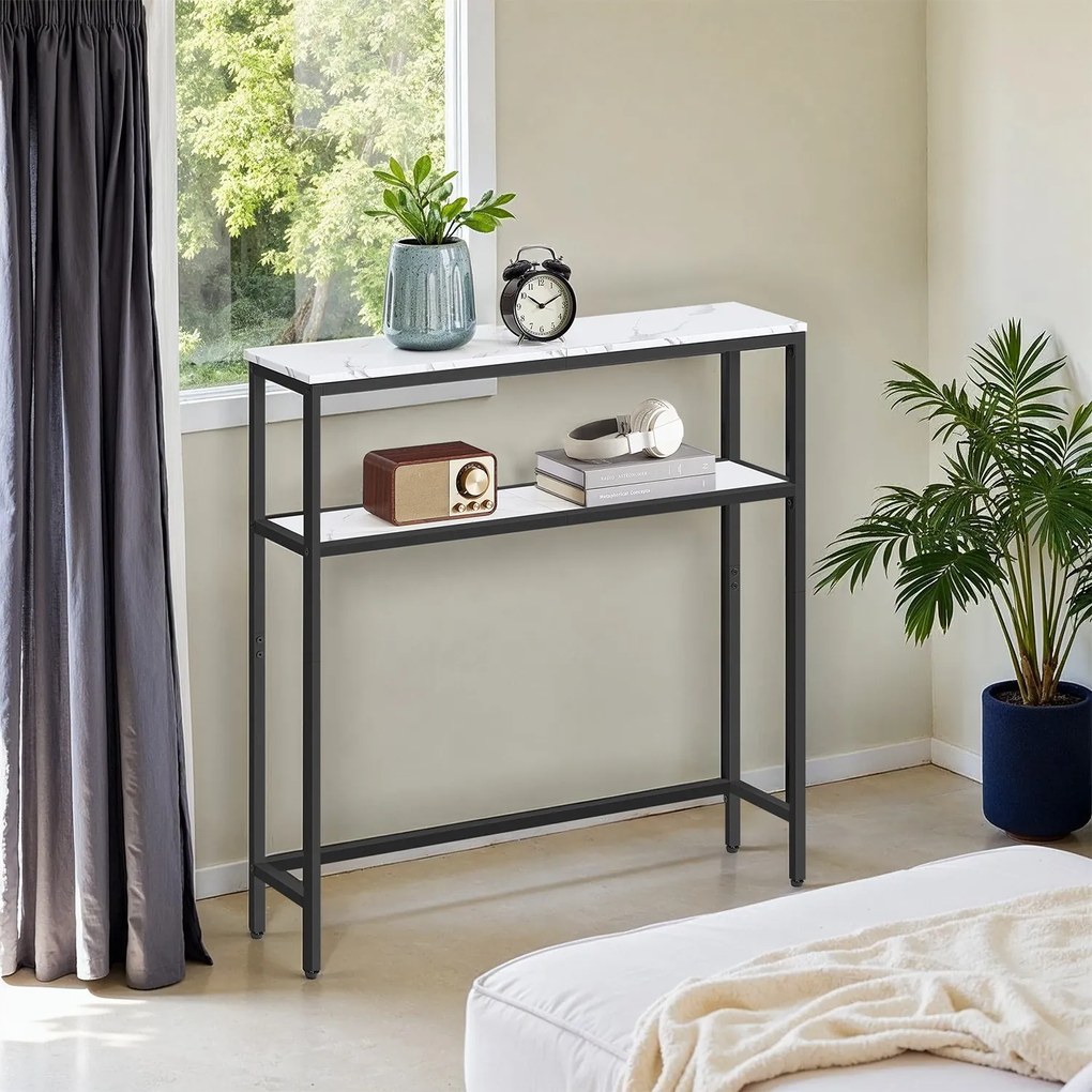 Mesa consola estreita com 2 prateleiras em efeito 20 x 80 x 80 cm branco mármore e preto