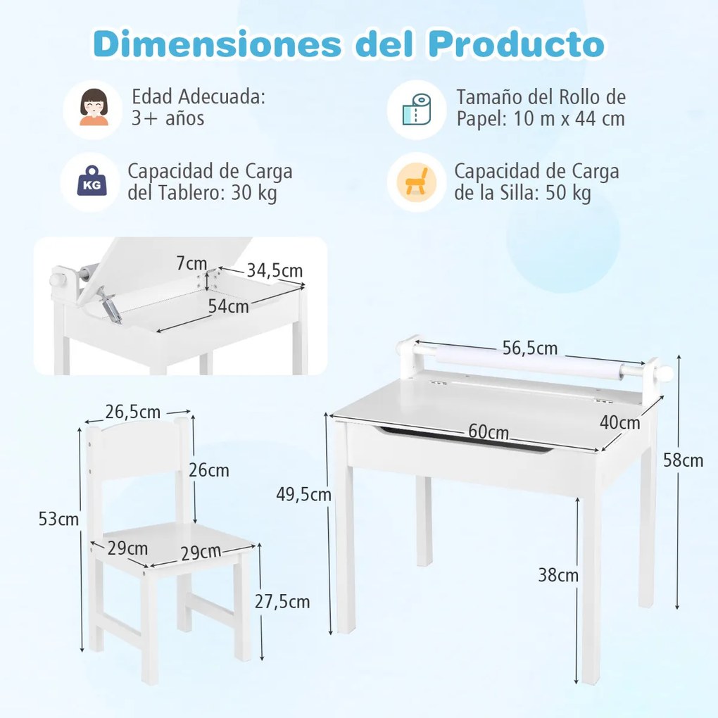 Conjunto de mesa e cadeira para crianças Mesa de actividades para crianças com arrumação e suporte para rolos de papel para desenhar, estudar e brinca