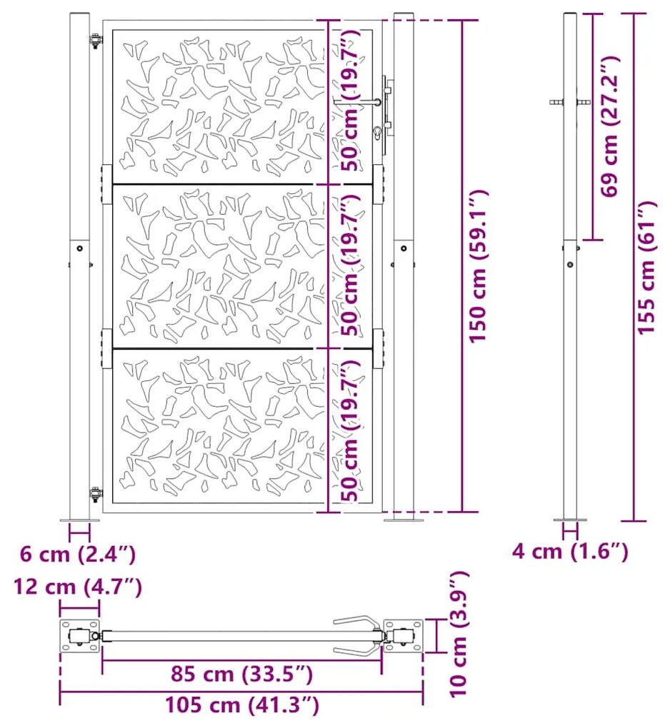 Portão de jardim 105x155 cm design de folha de aço resistente