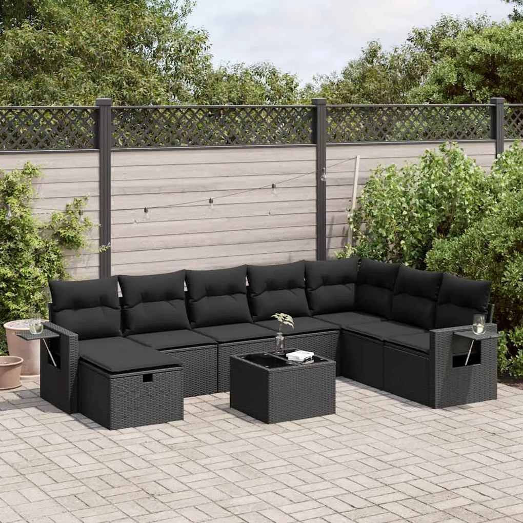 9 pcs conjunto de sofás p/ jardim c/ almofadões vime PE preto