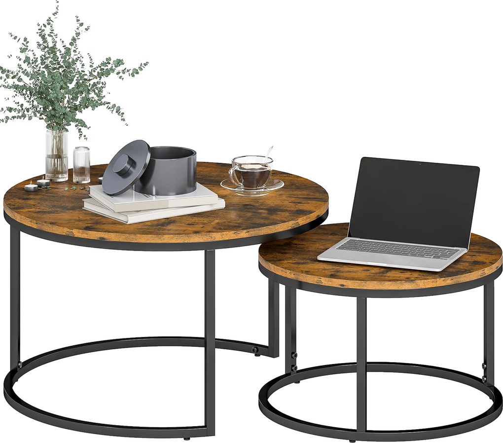 Conjunto de 2 mesas baixas encaixáveis e empilháveis, de design industrial, com tampo em imitação de cimento e pés em metal castanho rústico