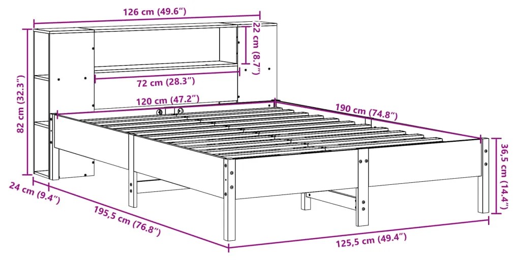 Cama com estante sem colchão 120x190 cm pinho maciço