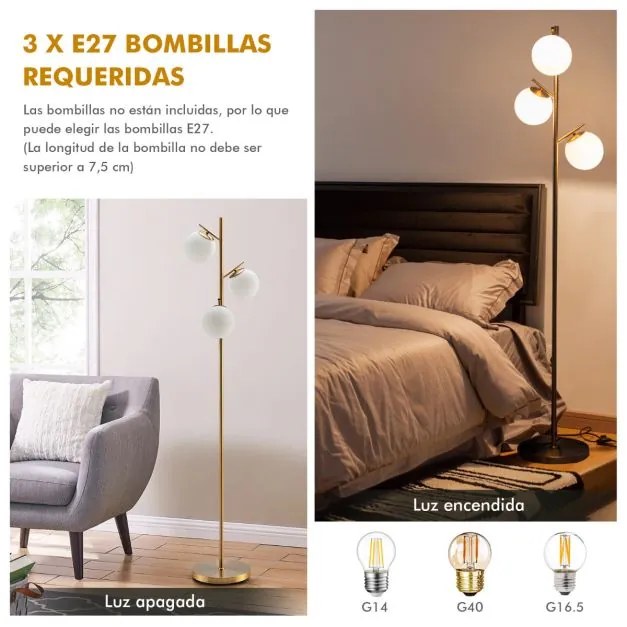 Candeeiro de pé com 3 globos moderno com interrutor lâmpada E27 Decoração para a sala de estar Quarto Dourado