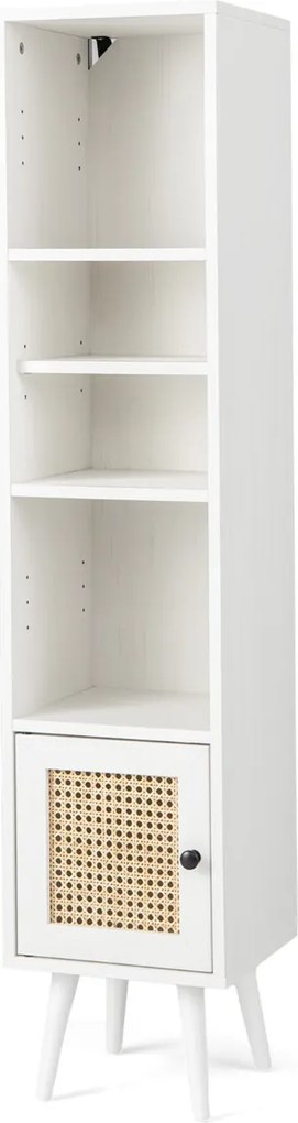 Estante em rattan estreito 29,5 x 29,5 x 137 cm com porta e prateleira ajustável para sala de estar Branco