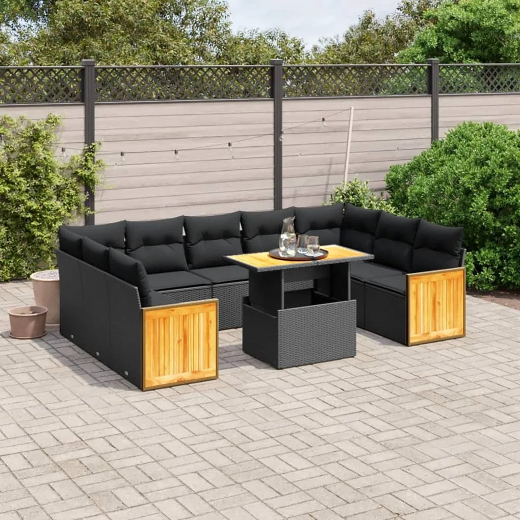 10 pcs conjunto sofás de jardim c/ almofadões vime PE preto