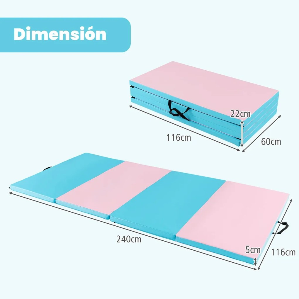 Tapete de ginástica 240 x 116 x 5 cm antiderrapante dobrável macio para o chão Tapete de exercício para ioga Fitness Azul e Rosa