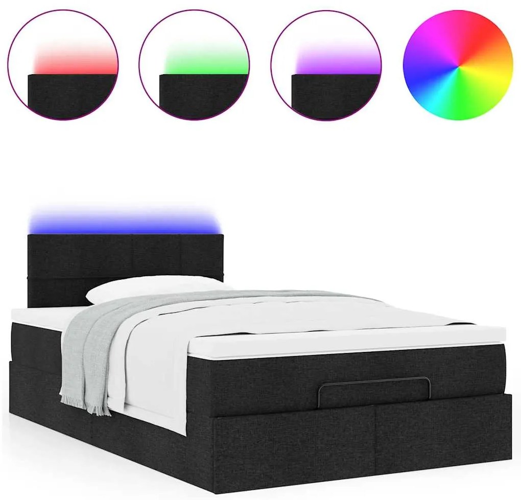 Cama otomana com colchão & LEDs 120x190 cm tecido preto