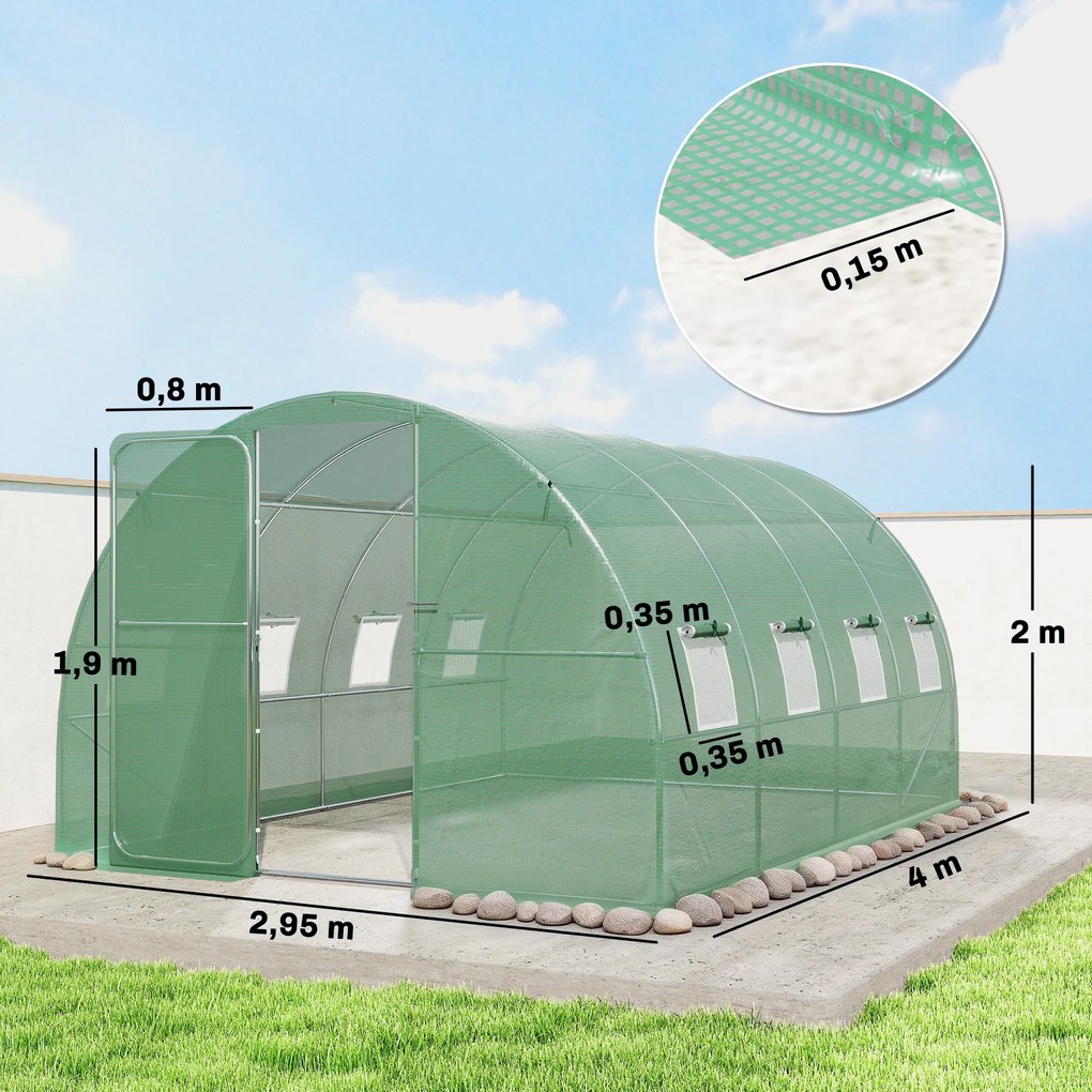 Estufa tipo túnel para jardim 295 x 400 x 200 cm, de 12 m², estufa tipo túnel para jardim com porta e 8 janelas, lona de PE de 140 g/m² verde