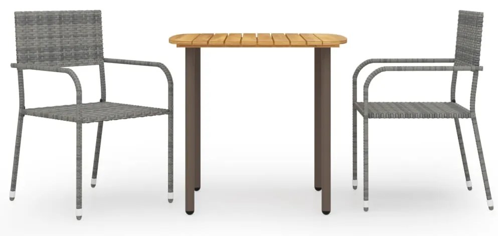 3 pcs conjunto de jantar para jardim vime PE cinzento