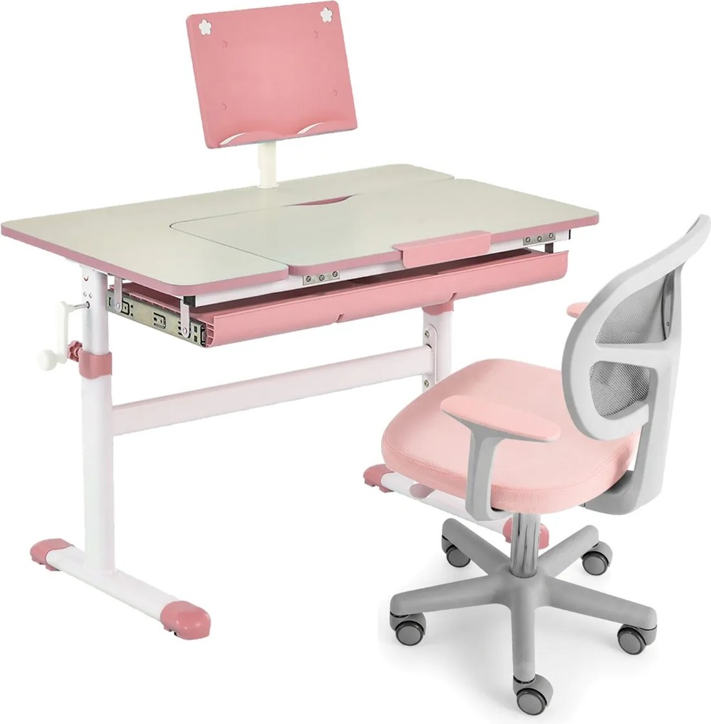 Conjunto 2 em 1 de secretária e cadeira para crianças Secretária ajustável em altura e ângulo com cadeira ergonómica giratória Rosa