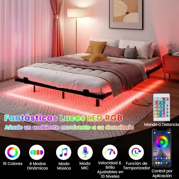 Estrutura de cama flutuante com luzes LED 200 x 140 x 24,5 cm de metal para colchão (COLCHÃO NÃO INCLUIDO) Base de ripas Somier preto