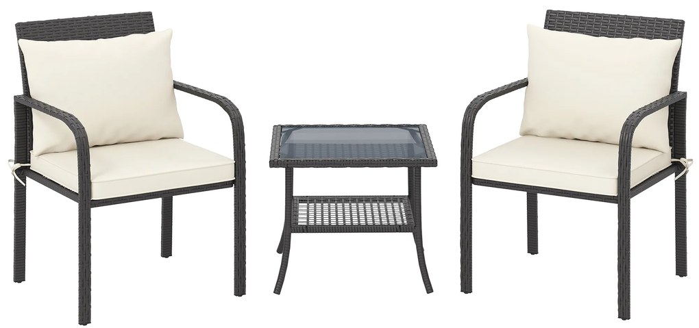 Conjunto de Jardim de 3 Peças com 2 Cadeiras e Mesa com Prateleira e Bancada de Vidro Castanho Escuro e Creme