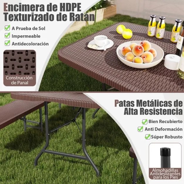 Mesa de piquenique de 180 cm com superfície em HDPE portátil para acampar Café