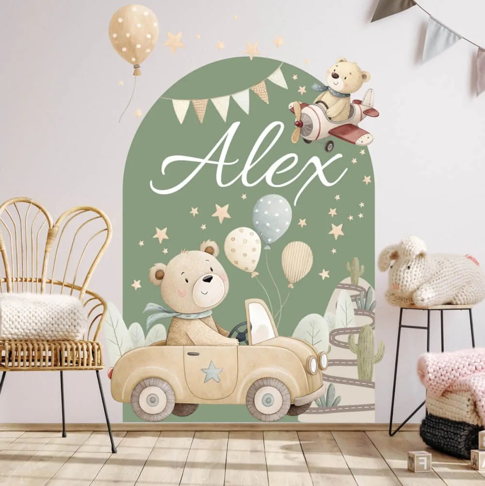 Decoração de parede - Urso no carro com um nome