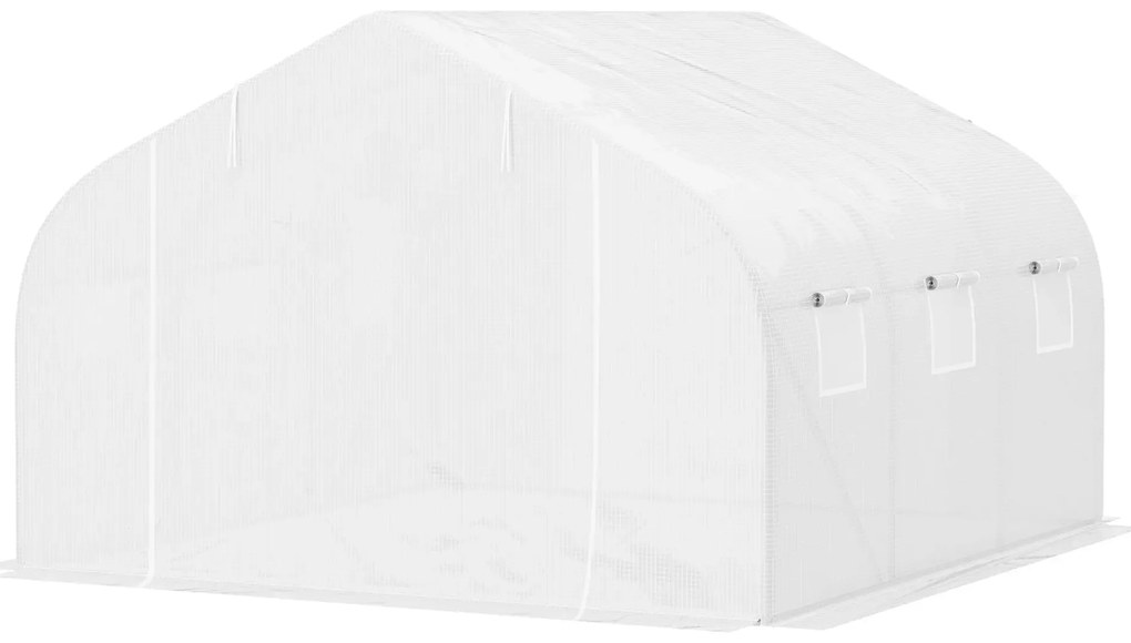 Estufa Tipo Túnel 445x299x200cm com Porta Enrolável 6 Janelas Estufa para Cultivo de Plantas Verduras Branco