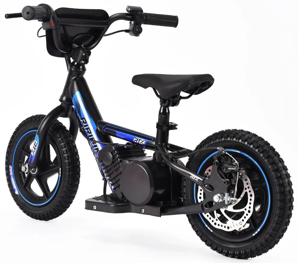 Bicicleta eléctrica para crianças RIRIBIKE RTX3 24V (12"), bateria de lítio, motor de 100W, travão de disco, assento ajustável em PU macio Azul