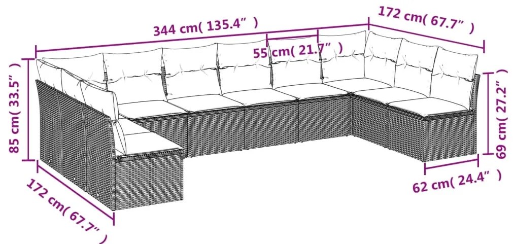 10 pcs conjunto de sofás p/ jardim com almofadões vime PE bege
