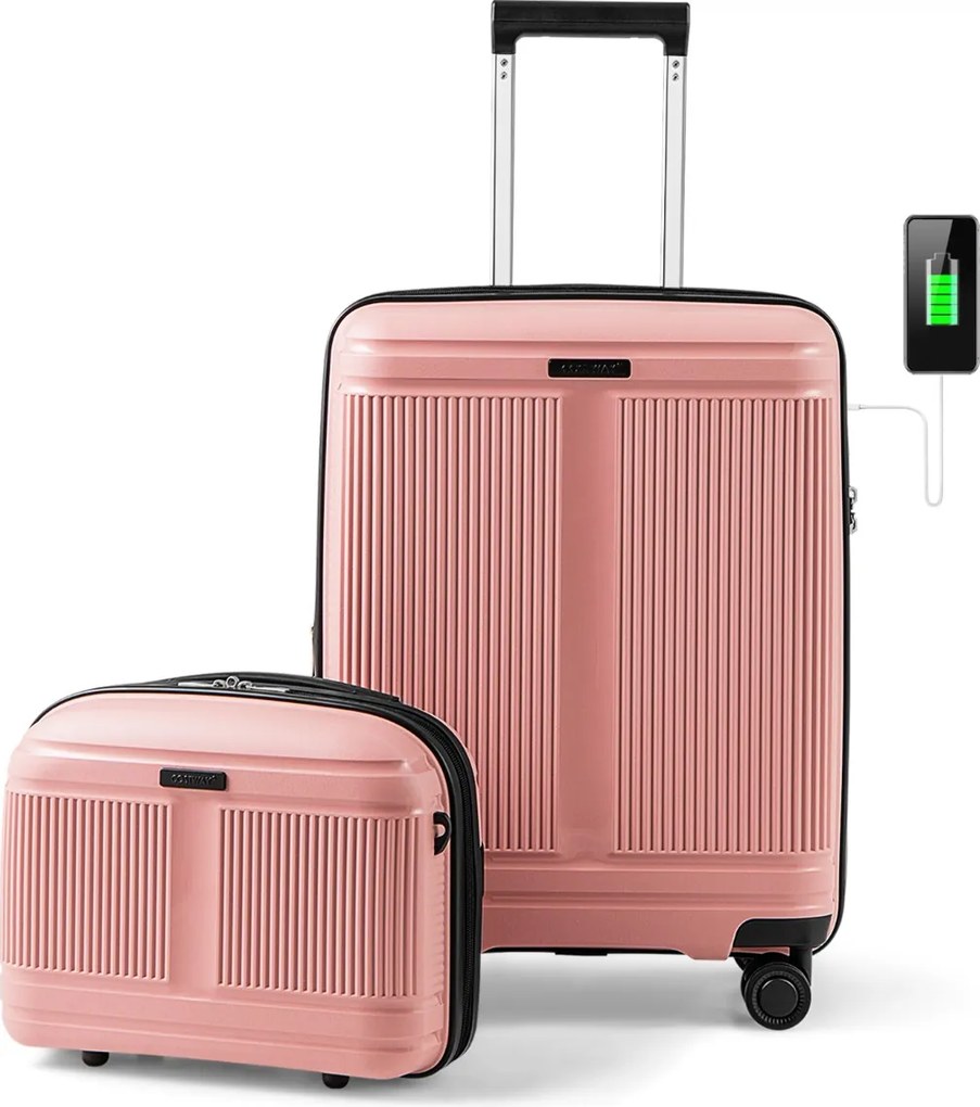 Conjunto 2 Malas de Viagem: mala de mão de 20“ e estojo cosmético de 14” com porta USB. Estrutura em PP com fechadura Rosa