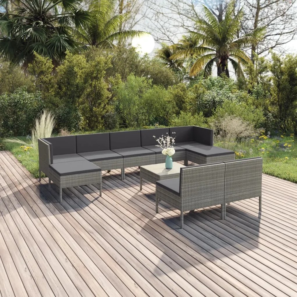 10 pcs conjunto lounge de jardim c/ almofadões vime PE cinzento