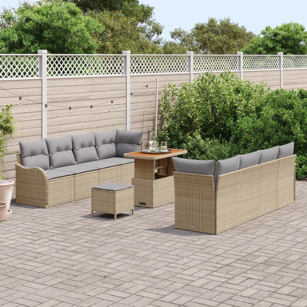 Conjunto de Sofá de Jardim de 11 Peças com Almofadas Bege Vime de Poli