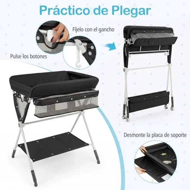 Mesa Trocador fraldas para Bebés Portátil e Dobrável Altura Ajustável 3 Níveis Organizador Móvel com Cesto Prateleira Rodas e Travão Preta