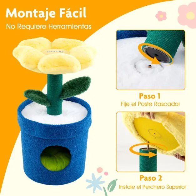 Arranhador Gatos 43 x 43 x 72,5 cm de 3 níveis com mirante superior e ama privado Poste para arranhar Centro de atividades para gatinhos Amarelo