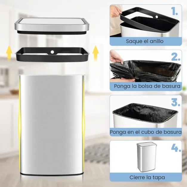 Caixote do lixo de cozinha 50L retangular com sensor de movimento por infravermelhos e tampa com fecho para cozinha, casa de banho e escritório Prata
