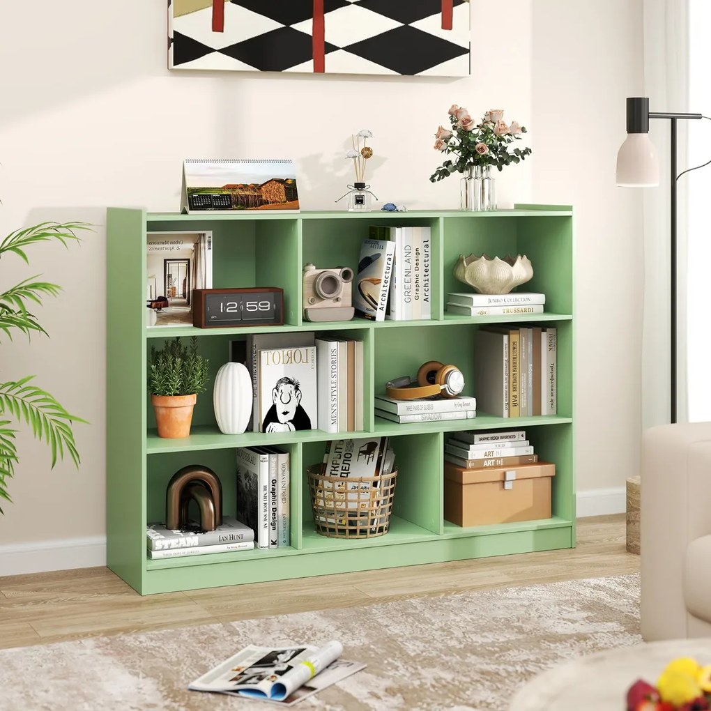 Estante de 3 níveis 122 x 32 x 93 cm com prateleiras de arrumação e 8 cubos, cor verde-oliva