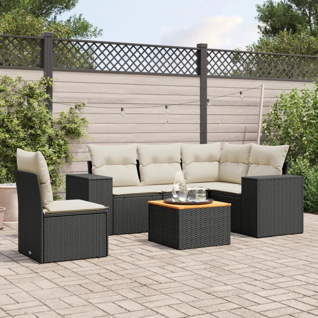 6 pcs conjunto sofás de jardim c/ almofadões vime PE preto