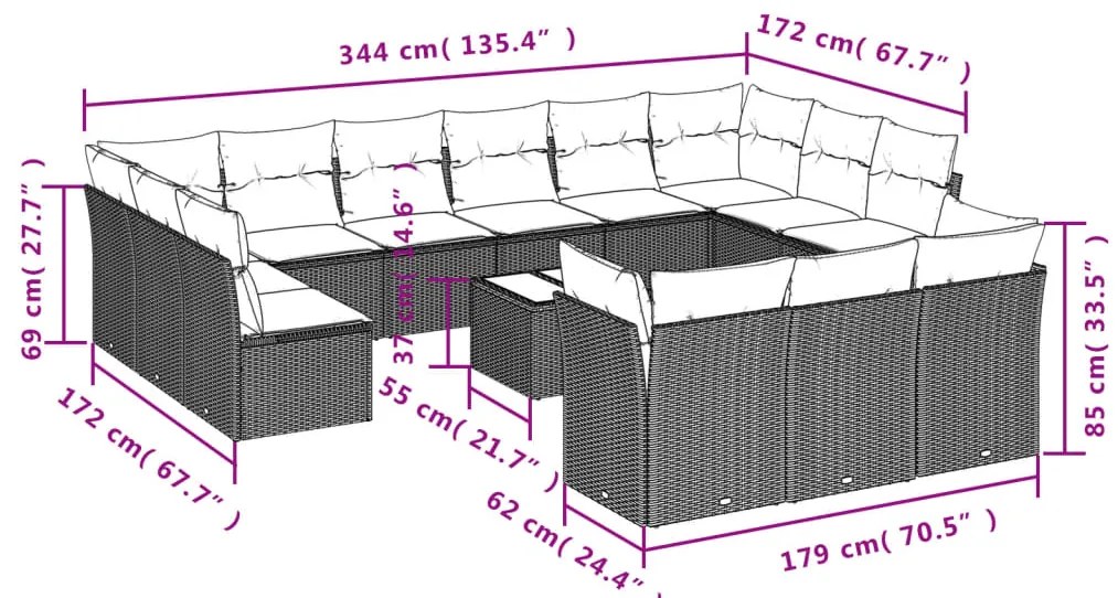 14 pcs conjunto sofás p/ jardim c/ almofadões vime PE castanho