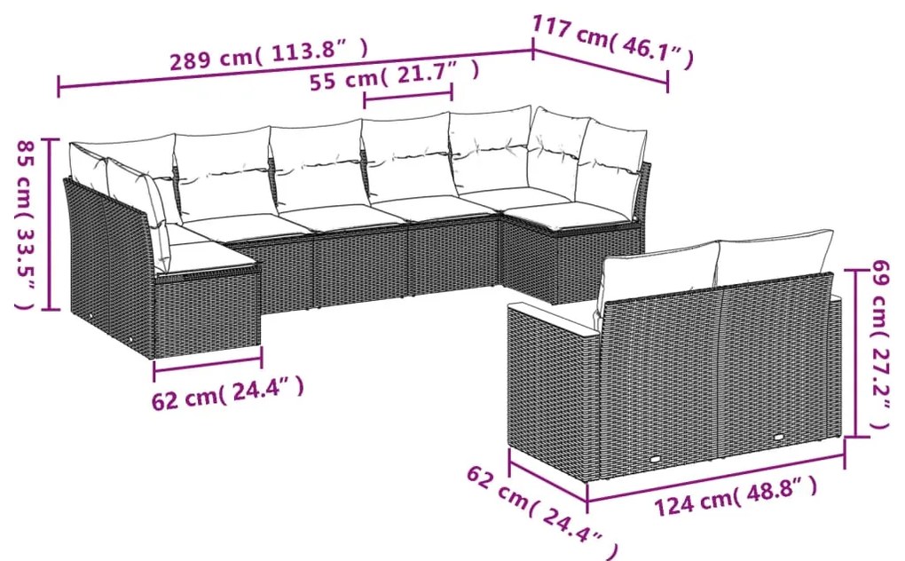 9 pcs conjunto sofás p/ jardim com almofadões vime PE cinzento