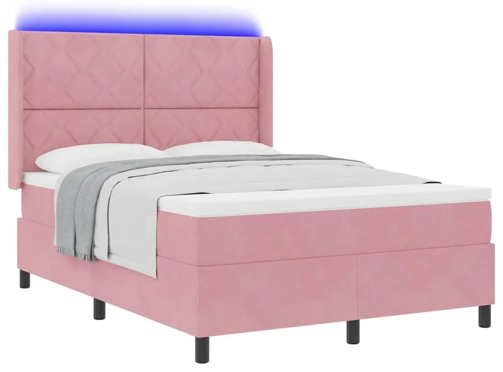 Cama Box Spring com Colchão &amp; LED Rosa 140x190 cm Veludo