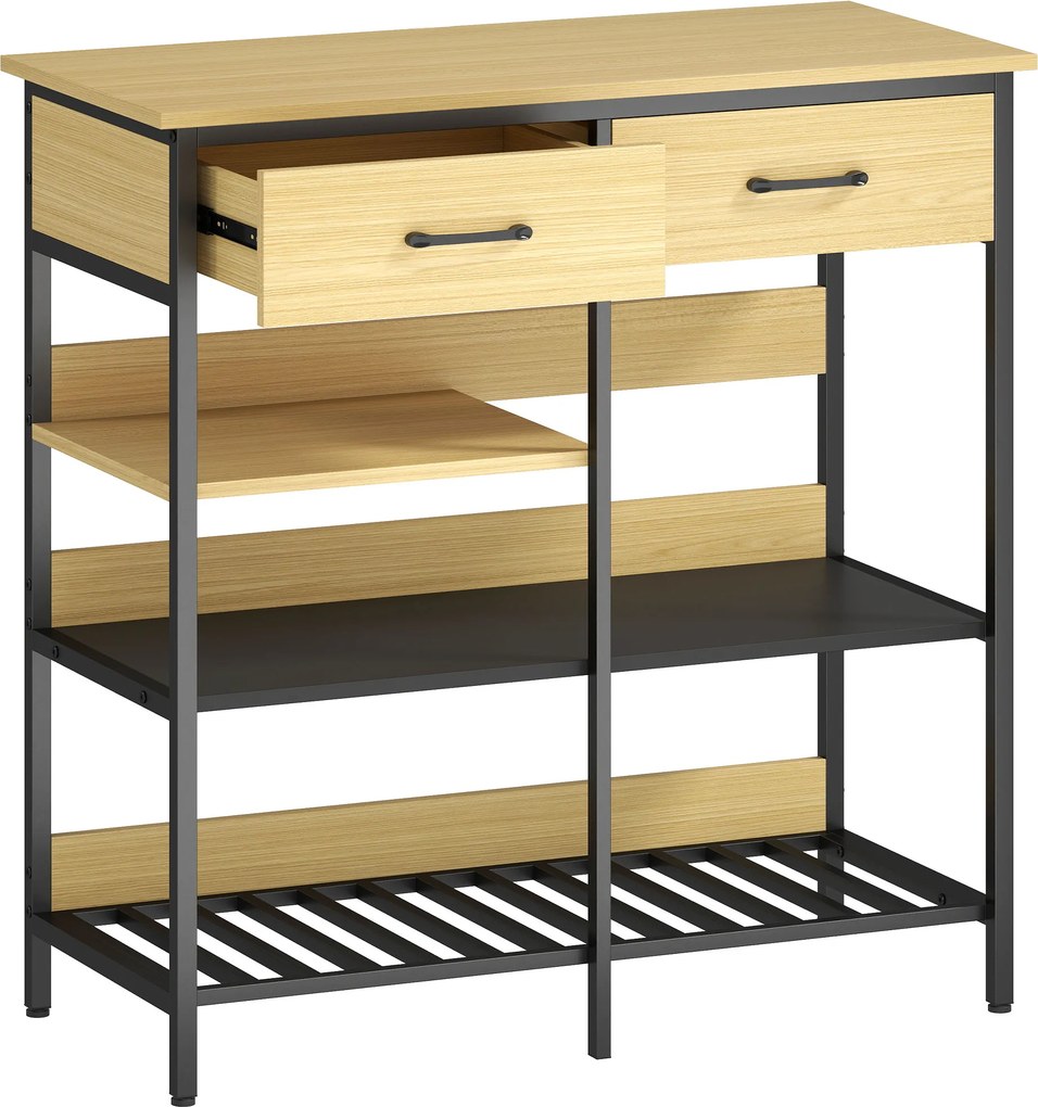 HOMCOM Aparador, Cômoda com 2 gavetas, 3 prateleiras abertas Armário de cozinha para cozinha, sala de estar 90 x 40 x 91 cm, Madeira natural | Aosom Portugal
