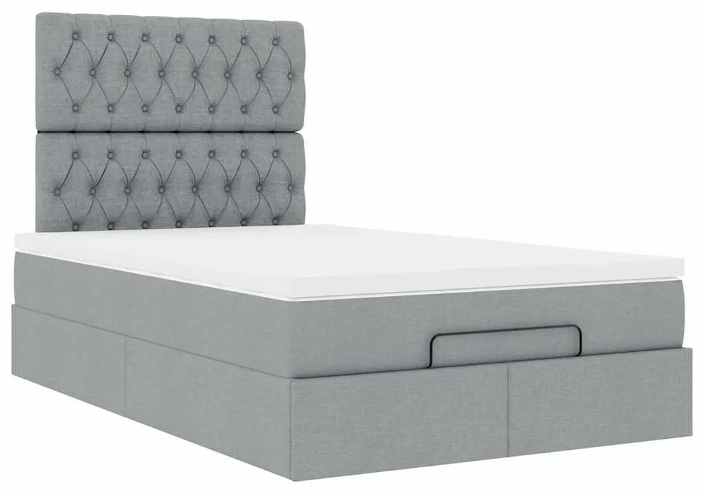 Estrutura de cama otomana com colchão cinza claro tecido
