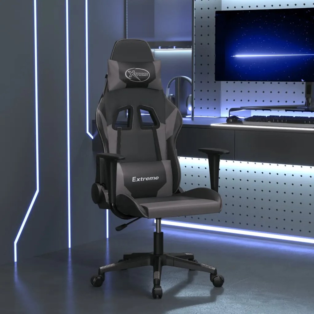 vidaXL Cadeira gaming massagens couro artificial preto e cinzento