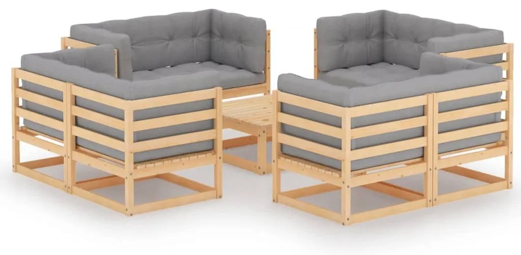 9 pcs conjunto lounge de jardim c/ almofadões pinho maciço