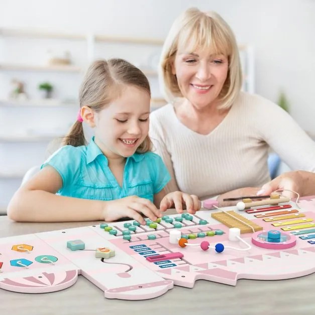 Painel de atividades para crianças Quadro sensorial Montessori de madeira 11 em 1 para a educação e o desenvolvimento precoce Rosa