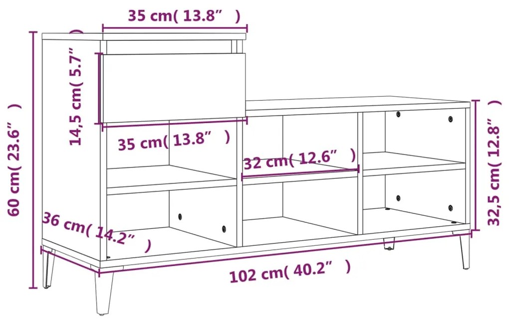 Sapateira 102x36x60 cm derivados de madeira cinzento sonoma