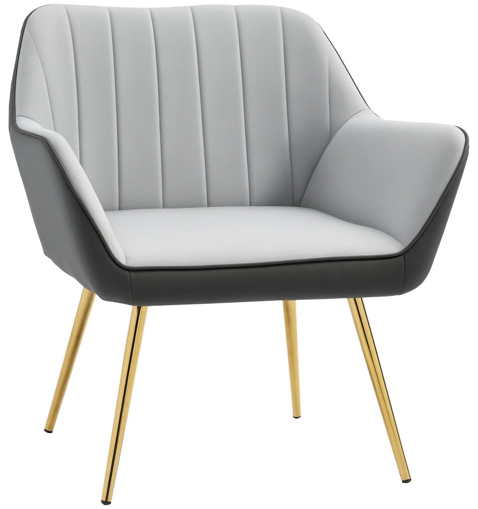 HOMCOM Poltrona de Sala de Estar Estofada em Couro Sintético e Veludo com Apoios para os Braços Pés Dourados 64x62x72,5 cm Cinza | Aosom Portugal