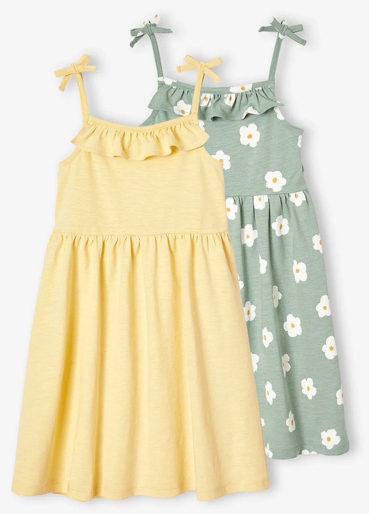 Lote de 2 vestidos de alças, 1 estampado + 1 liso, para menina verde-salva