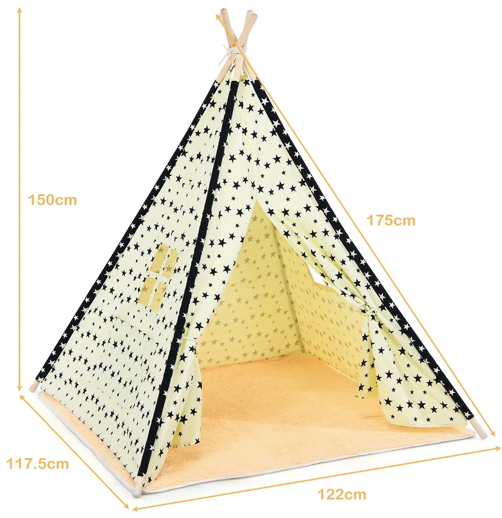 Tenda Tipi para crianças Tenda Tipi Dobrável Interior com Janelas de Algodão e Cabana de Madeira 122 x 117,5 x 150 cm