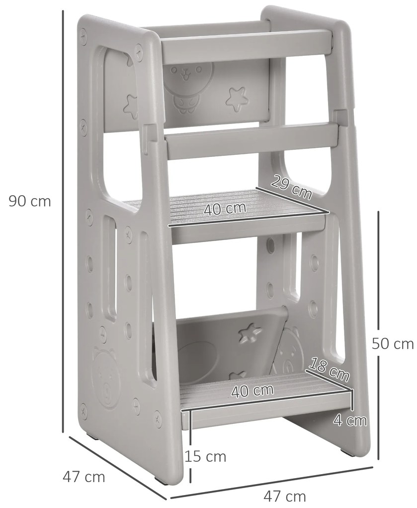 Torre de Aprendizagem para Crianças Banco Infantil com Altura Ajustável em 3 Posições 47x47x90 cm Cinza