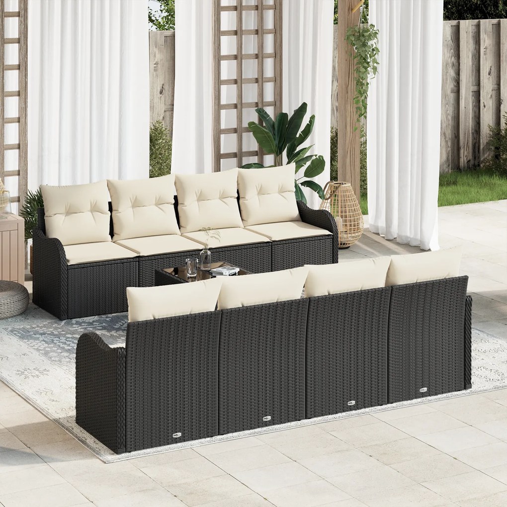 Conjunto de Sofás de Jardim vidaXL 9 Peças com Almofadas Preto Rattan Poly