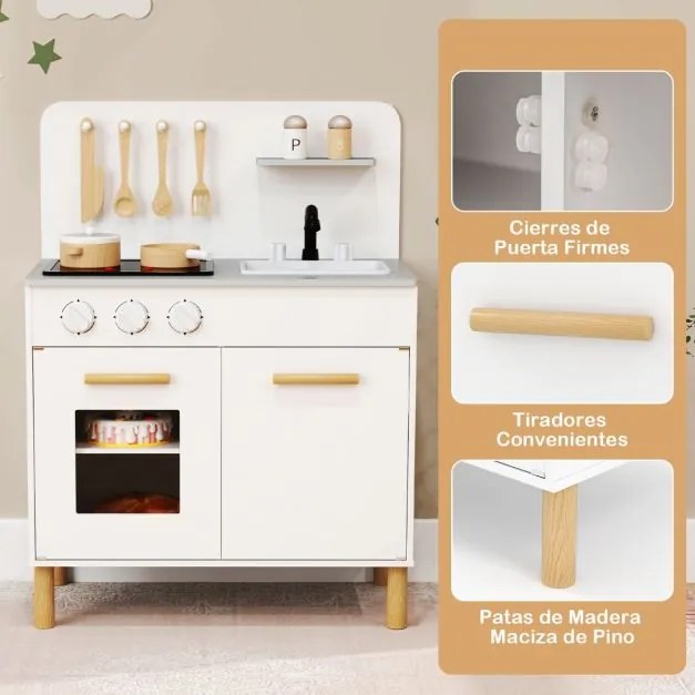 Cozinha de brincar para crianças em madeira com luzes, sons, fogão, lava-loiça, forno e acessórios branca