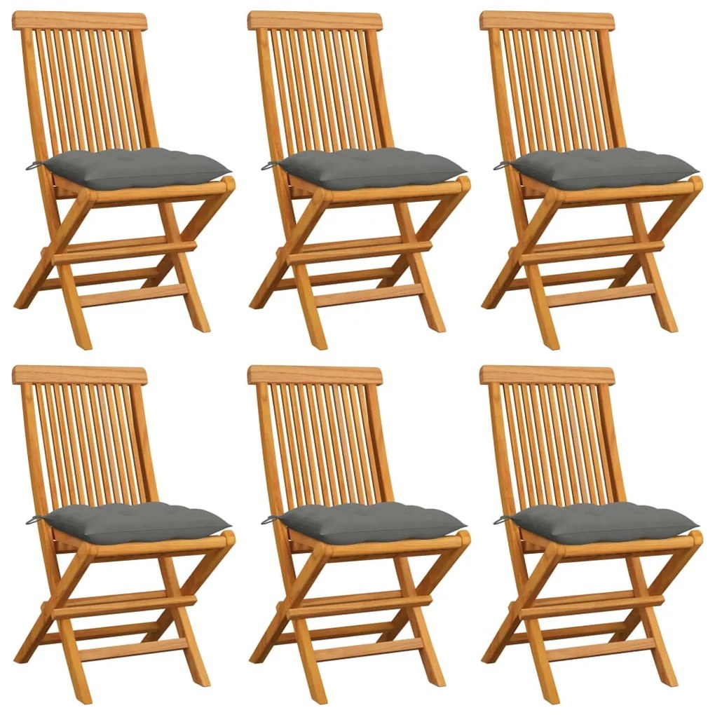 vidaXL Cadeiras de jardim c/ almofadões cinzentos 6 pcs teca maciça